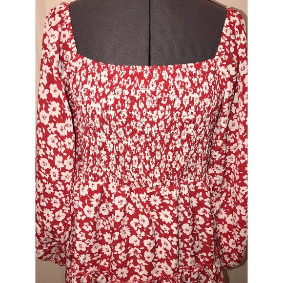 Women’s Red & White Floral Dress, LARGE, Smocked, Tiered Sheer - Picture 3 of 14